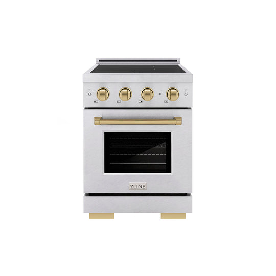 ZLINE Autograph Edition 24 in. 3.2 cu. ft. Paramount Induction Range with 3 Element Cooktop and Electric Convection Oven in Satin Stainless Steel with Champagne Bronze Accents (SINRSZ-24-CB)