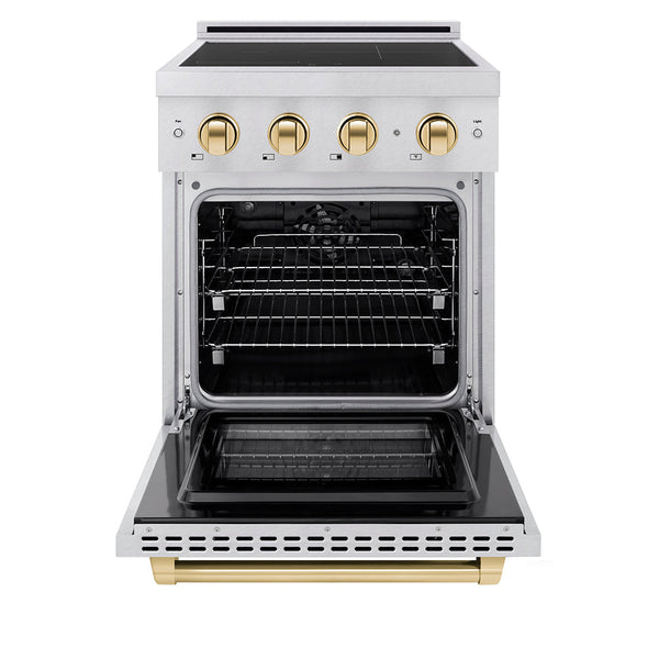 ZLINE Autograph Edition 24 in. 3.2 cu. ft. Paramount Induction Range with 3 Element Cooktop and Electric Convection Oven in Satin Stainless Steel with Polished Gold Accents (SINRSZ-24-G)