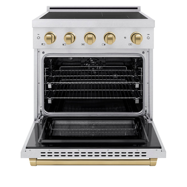 ZLINE Autograph Edition 30 in. 4.2 cu. ft. Paramount Induction Range with 4 Element Cooktop and Electric Convection Oven in Satin Stainless Steel with Champagne Bronze Accents (SINRSZ-30-CB)