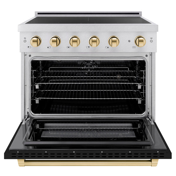 ZLINE Autograph Edition 36 in. 5.2 cu. ft. Paramount Induction Range with 5 Element Cooktop and Electric Convection Oven in Satin Stainless Steel with Black Matte Door and Polished Gold Accents (SINRSZ-BLM36-G)