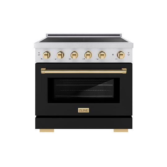 ZLINE Autograph Edition 36 in. 5.2 cu. ft. Paramount Induction Range with 5 Element Cooktop and Electric Convection Oven in Satin Stainless Steel with Black Matte Door and Polished Gold Accents (SINRSZ-BLM36-G)
