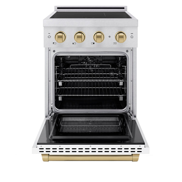 ZLINE Autograph Edition 24 in. 3.2 cu. ft. Paramount Induction Range with 3 Element Cooktop and Electric Convection Oven in Satin Stainless Steel with White Matte Door and Champagne Bronze Accents (SINRSZ-WM-24-CB)