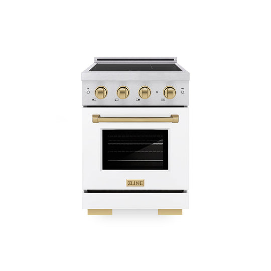 ZLINE Autograph Edition 24 in. 3.2 cu. ft. Paramount Induction Range with 3 Element Cooktop and Electric Convection Oven in Satin Stainless Steel with White Matte Door and Champagne Bronze Accents (SINRSZ-WM-24-CB)