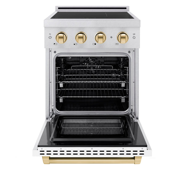 ZLINE Autograph Edition 24 in. 3.2 cu. ft. Paramount Induction Range with 3 Element Cooktop and Electric Convection Oven in Satin Stainless Steel with White Matte Door and Polished Gold Accents (SINRSZ-WM-24-G)