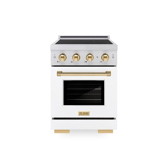 ZLINE Autograph Edition 24 in. 3.2 cu. ft. Paramount Induction Range with 3 Element Cooktop and Electric Convection Oven in Satin Stainless Steel with White Matte Door and Polished Gold Accents (SINRSZ-WM-24-G)