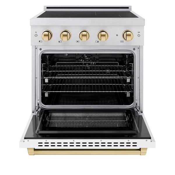 ZLINE Autograph Edition 30 in. 4.2 cu. ft. Paramount Induction Range with 4 Element Cooktop and Electric Convection Oven in Satin Stainless Steel with White Matte Door and Polished Gold Accents (SINRSZ-WM-30-G)