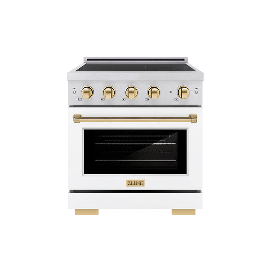 ZLINE Autograph Edition 30 in. 4.2 cu. ft. Paramount Induction Range with 4 Element Cooktop and Electric Convection Oven in Satin Stainless Steel with White Matte Door and Polished Gold Accents (SINRSZ-WM-30-G)
