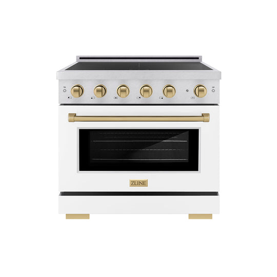 ZLINE Autograph Edition 36 in. 5.2 cu. ft. Paramount Induction Range with 5 Element Cooktop and Electric Convection Oven in Satin Stainless Steel with White Matte Door and Champagne Bronze Accents (SINRSZ-WM-36-CB)