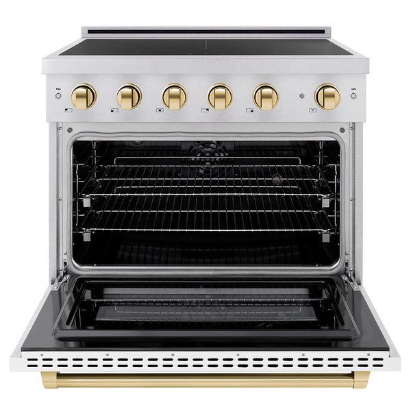 ZLINE Autograph Edition 36 in. 5.2 cu. ft. Paramount Induction Range with 5 Element Cooktop and Electric Convection Oven in Satin Stainless Steel with White Matte Door and Polished Gold Accents (SINRSZ-WM-36-G)