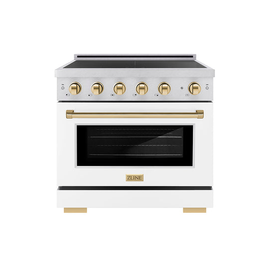 ZLINE Autograph Edition 36 in. 5.2 cu. ft. Paramount Induction Range with 5 Element Cooktop and Electric Convection Oven in Satin Stainless Steel with White Matte Door and Polished Gold Accents (SINRSZ-WM-36-G)