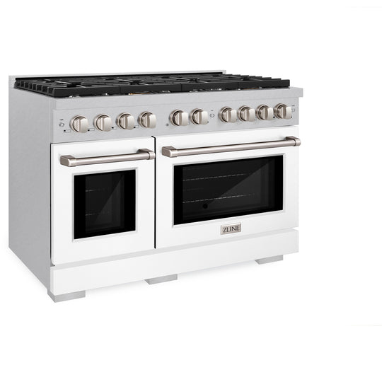 ZLINE 48 in. 6.7 cu. ft. Paramount Double Oven Dual Fuel Range with 8 Burner Gas Cooktop in Satin Stainless Steel with White Matte Doors (SDRS-WM-48)