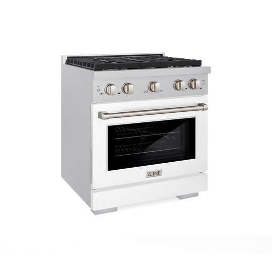 ZLINE 30 in. 4.2 cu. ft. Paramount Gas Range with 4 Burner Cooktop and Convection Gas Oven in Satin Stainless Steel with White Matte Door (SGRS-WM-30)