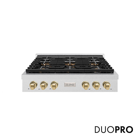 ZLINE Autograph Edition 36 in. Paramount Gas Rangetop with 6 Burner DuoPro™ Cooktop in Satin Stainless Steel and Champagne Bronze Accents (PSRTSZ-36-CB)