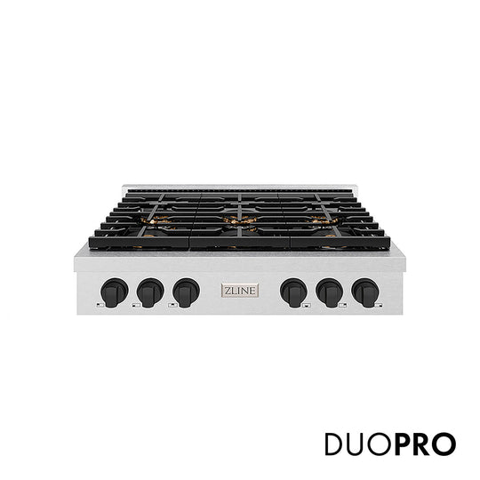 ZLINE Autograph Edition 36 in. Paramount Gas Rangetop with 6 Burner DuoPro™ Cooktop in Satin Stainless Steel and Matte Black Accents (PSRTSZ-36-MB)