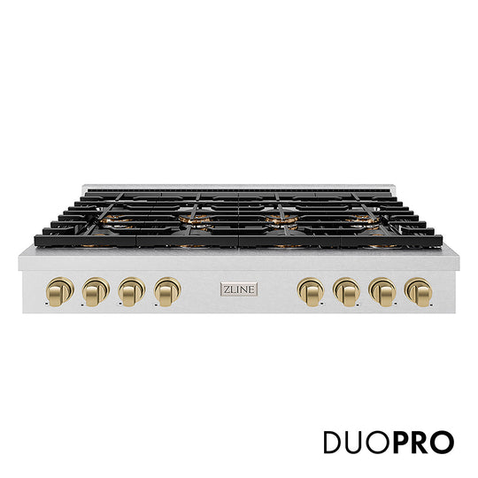 ZLINE Autograph Edition 48 in. Paramount Gas Rangetop with 8 Burner DuoPro™ Cooktop in Satin Stainless Steel and Champagne Bronze Accents (PSRTSZ-48-CB)