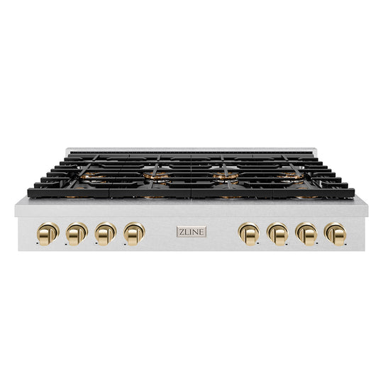 ZLINE Autograph Edition 48 in. Paramount Gas Rangetop with 8 Burner DuoPro™ Cooktop in Satin Stainless Steel and Polished Gold Accents (PSRTSZ-48-G)