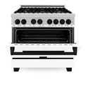 ZLINE Autograph Edition 36 in. 4.6 cu. ft. Dual Fuel Range with Gas Stove and Electric Oven in Stainless Steel with White Matte Door and Matte Black Accents (RAZ-WM-36-MB) front, oven door half open.