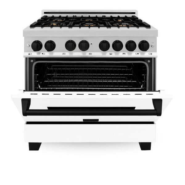 ZLINE Autograph Edition 36 in. 4.6 cu. ft. Dual Fuel Range with Gas Stove and Electric Oven in Stainless Steel with White Matte Door and Matte Black Accents (RAZ-WM-36-MB) front, oven door half open.