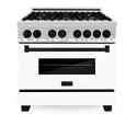ZLINE Autograph Edition 36 in. 4.6 cu. ft. Dual Fuel Range with Gas Stove and Electric Oven in Stainless Steel with White Matte Door and Matte Black Accents (RAZ-WM-36-MB) front, oven closed.