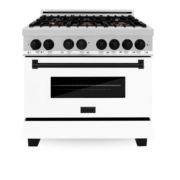 ZLINE Autograph Edition 36 in. 4.6 cu. ft. Dual Fuel Range with Gas Stove and Electric Oven in Stainless Steel with White Matte Door and Matte Black Accents (RAZ-WM-36-MB) front, oven closed.