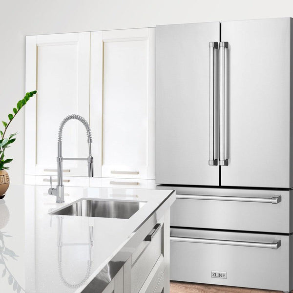 ZLINE Kitchen Package with Refrigeration, 48 in. Stainless Steel Dual Fuel Range, 48 in. Convertible Vent Range Hood, 24 in. Microwave Drawer, and 24 in. Tall Tub Dishwasher (5KPR-RARH48-MWDWV) 