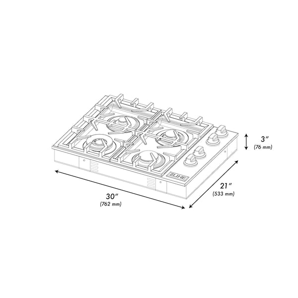 ZLINE 30 in. Gas Cooktop with 4 Burners (RC30) dimensional diagram with measurements.