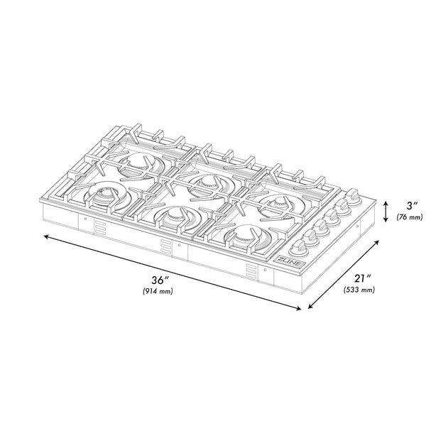 ZLINE 36 in. Gas Cooktop with 6 Burners (RC36) dimensional diagram with measurements.