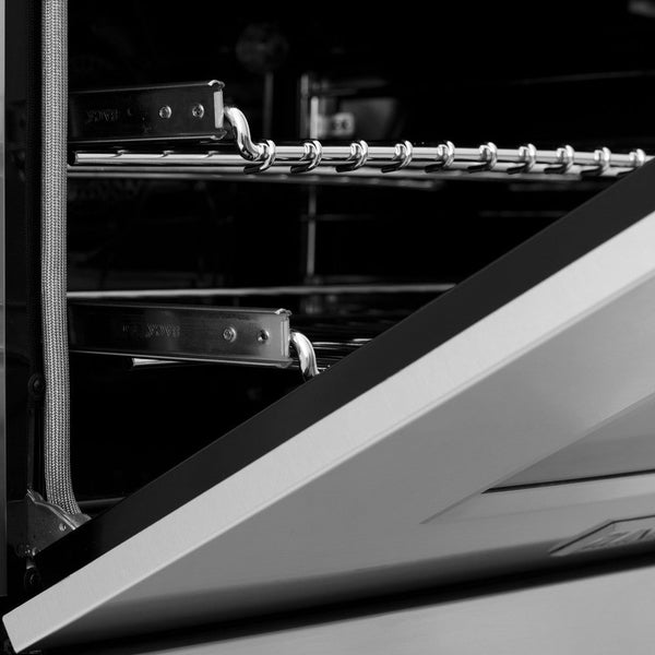 ZLINE 36 in. Dual Fuel Range with Gas Stove and Electric Oven in Stainless Steel with Brass Burners (RA-BR-36) oven door close-up.