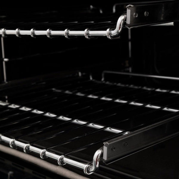 ZLINE 36 in. Dual Fuel Range with Gas Stove and Electric Oven in Stainless Steel with Brass Burners (RA-BR-36) close-up, SmoothGlide ball-bearing adjustable racks inside oven from side.