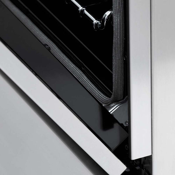 Close-up StayPut Oven Door Hinges on ZLINE 36 in. Dual Fuel Range with Gas Stove and Electric Oven in Stainless Steel with Brass Burners (RA-BR-36)