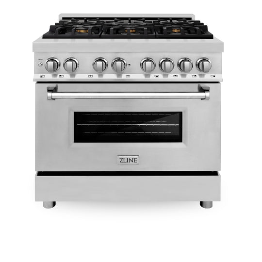 ZLINE 36 in. 4.6 cu. ft. Legacy Dual Fuel Range with Gas Cooktop and Electric Convection Oven in Stainless Steel with 6 Brass Burners (RA-BR-36)