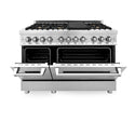 ZLINE 48 in. Professional Dual Fuel Range in Stainless Steel with Brass Burners (RA-BR-48) front, oven door half open.