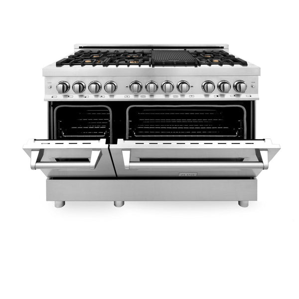ZLINE 48 in. Professional Dual Fuel Range in Stainless Steel with Brass Burners (RA-BR-48) front, oven door half open.
