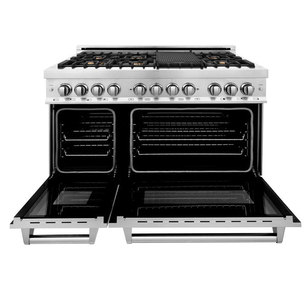 ZLINE 48 in. Professional Dual Fuel Range in Stainless Steel with Brass Burners (RA-BR-48) front, oven open.