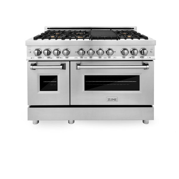 ZLINE 48 in. Professional Dual Fuel Range in Stainless Steel with Brass Burners (RA-BR-48) front, oven closed.