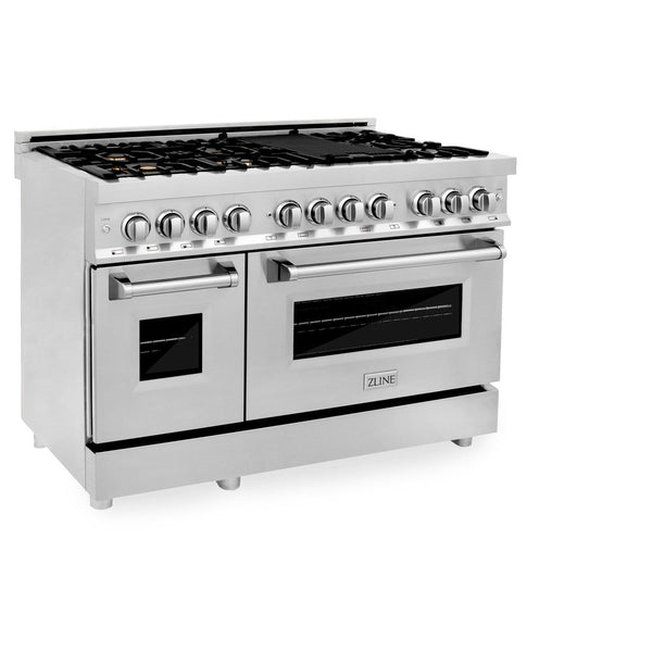 ZLINE 48 in. Professional Dual Fuel Range in Stainless Steel with Brass Burners (RA-BR-48) side, oven closed.