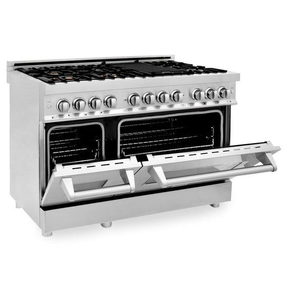 ZLINE 48 in. Professional Dual Fuel Range in Stainless Steel with Brass Burners (RA-BR-48) side, oven door half open.