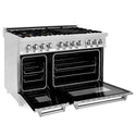 ZLINE 48 in. Professional Dual Fuel Range in Stainless Steel with Brass Burners (RA-BR-48) side, oven open.