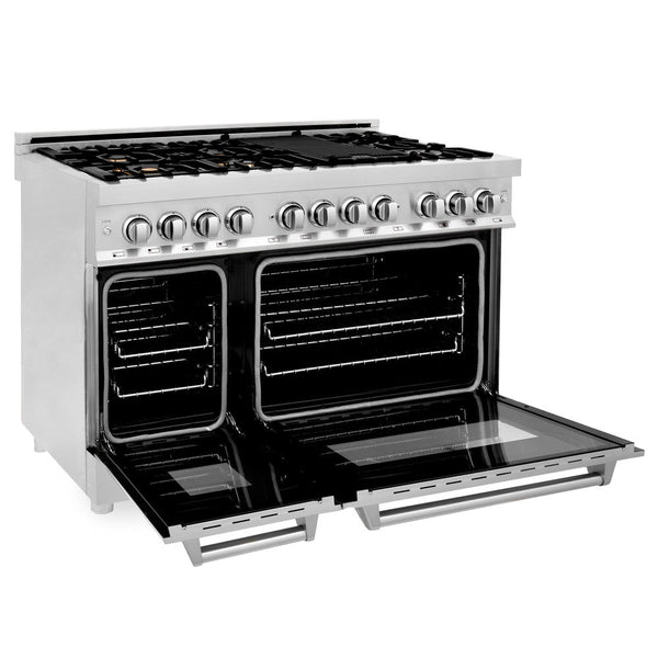 ZLINE 48 in. Professional Dual Fuel Range in Stainless Steel with Brass Burners (RA-BR-48) side, oven open.