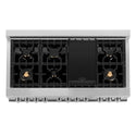 ZLINE 48 in. Professional Dual Fuel Range in Stainless Steel with Brass Burners (RA-BR-48) from above showing cooktop with gas burners and cast-iron grates.