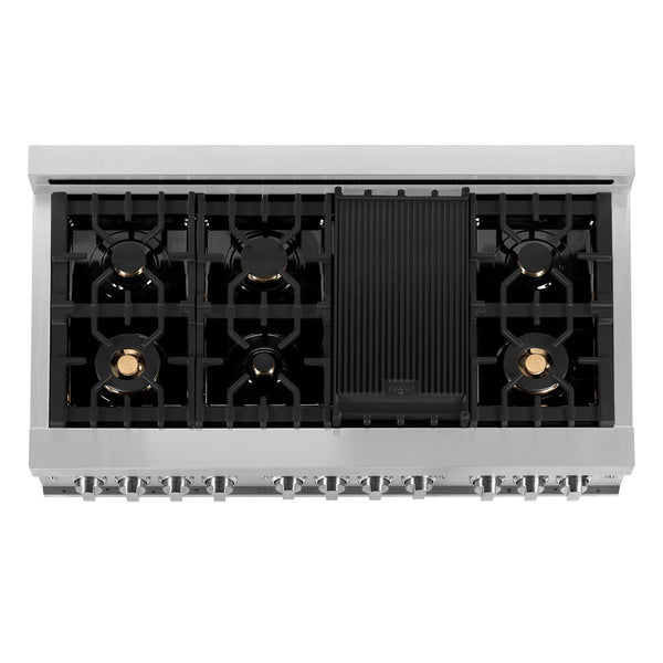 ZLINE 48 in. Professional Dual Fuel Range in Stainless Steel with Brass Burners (RA-BR-48) from above showing cooktop with gas burners and cast-iron grates.