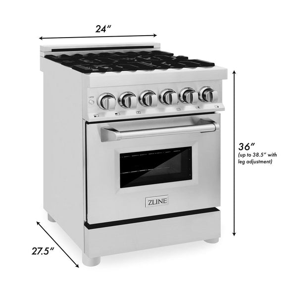 ZLINE 24 in. Professional Dual Fuel Range in Stainless Steel (RA24) dimensional diagram with measurements.