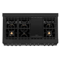 ZLINE 48-inch RA Dual Fuel Range from above showing 7-burner black porcelain cooktop with griddle and cast-iron grates.