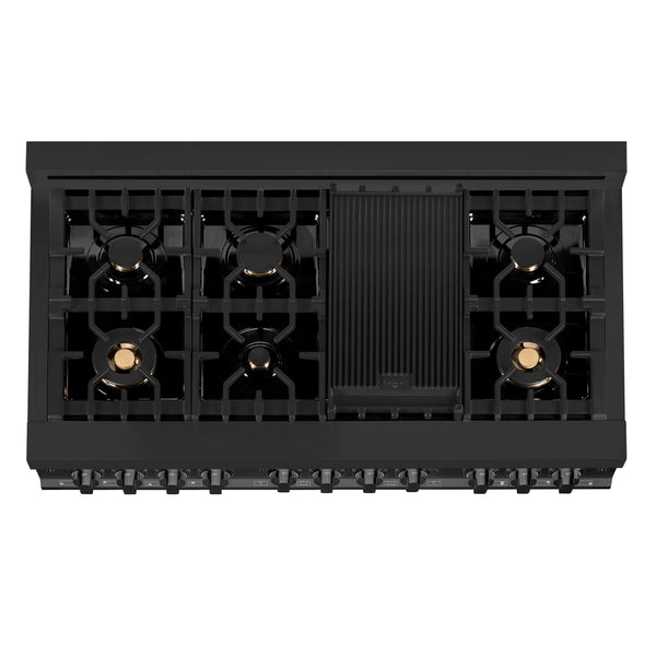 ZLINE 48-inch RA Dual Fuel Range from above showing 7-burner black porcelain cooktop with griddle and cast-iron grates.