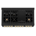 ZLINE Autograph Edition 48-inch RA Dual Fuel Range from above showing 7-burner black porcelain cooktop with griddle, brass burners, and cast-iron grates.