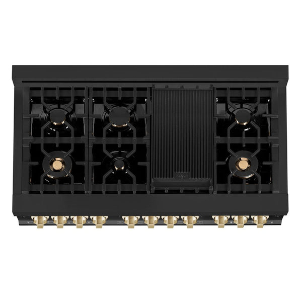ZLINE Autograph Edition 48-inch RA Dual Fuel Range from above showing 7-burner black porcelain cooktop with griddle, brass burners, and cast-iron grates.