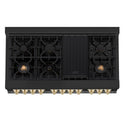 ZLINE Autograph Edition 48-inch RA Dual Fuel Range from above showing 7-burner black porcelain cooktop with griddle, brass burners, and cast-iron grates.