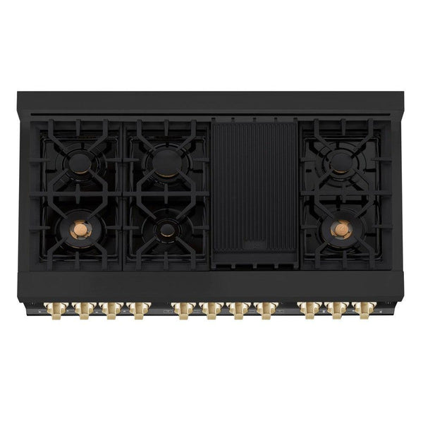 ZLINE Autograph Edition 48-inch RA Dual Fuel Range from above showing 7-burner black porcelain cooktop with griddle, brass burners, and cast-iron grates.