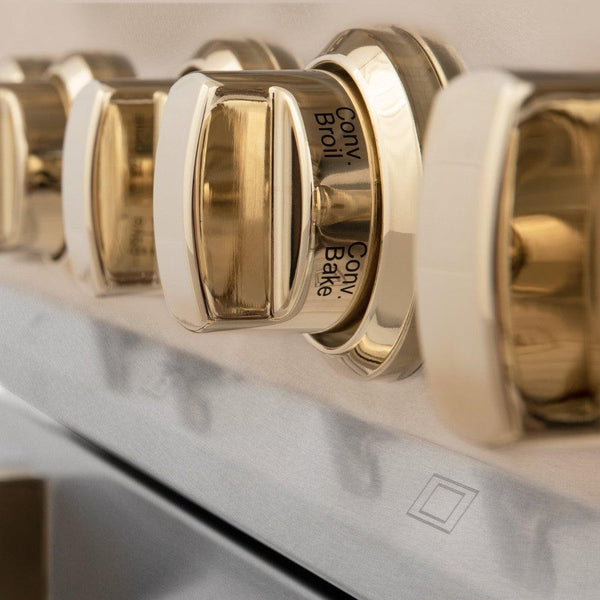 ZLINE Autograph Edition 48 in. 6.0 cu. ft. Dual Fuel Range with Gas Stove and Electric Oven in DuraSnow® Stainless Steel with Polished Gold Accents (RASZ-SN-48-G) close-up, Polished Gold knobs.