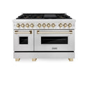 ZLINE Autograph Edition 48 in. 6.0 cu. ft. Dual Fuel Range with Gas Stove and Electric Oven in DuraSnow® Stainless Steel with Polished Gold Accents (RASZ-SN-48-G) front, oven closed.
